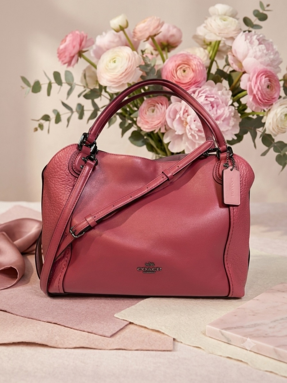 Coach Edie Shoulder Bag 28 Mixed Leathers Crossbody Berry Pink